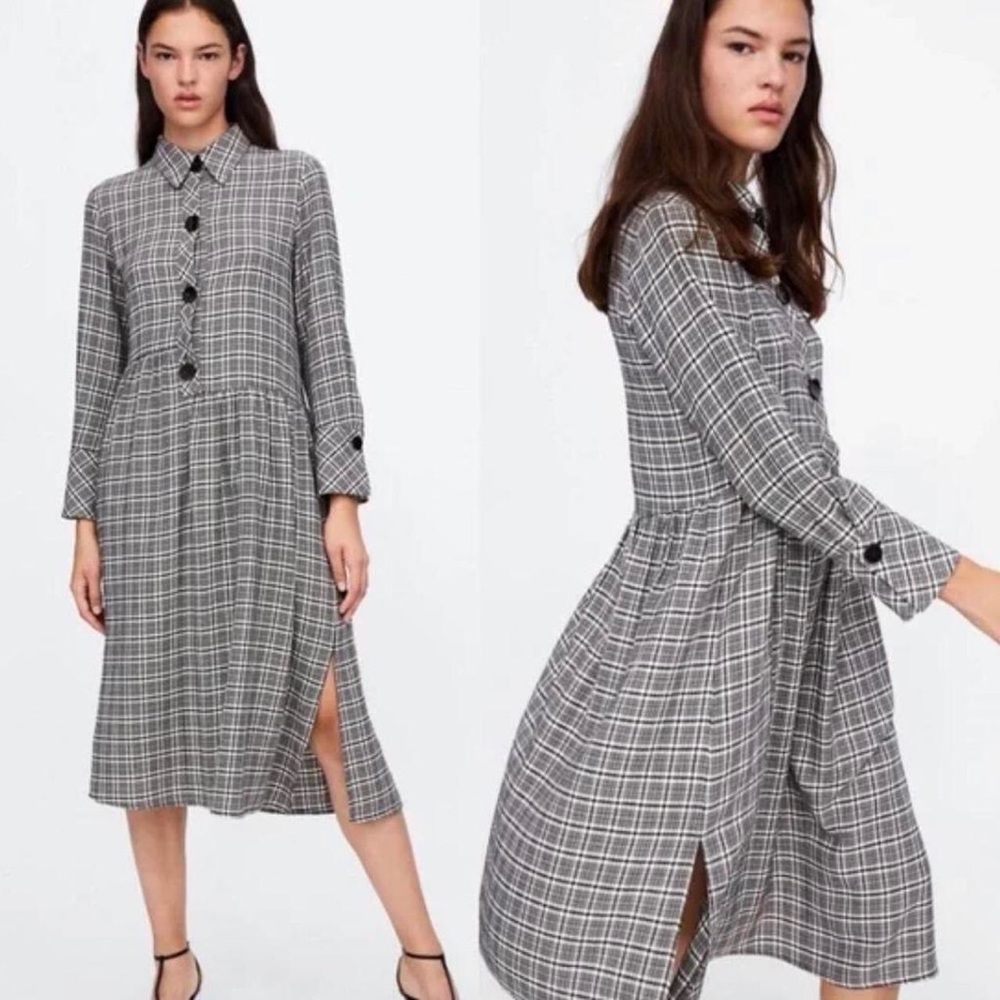 Zara Gray Plaid Midi Dress